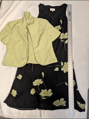 vintage Studio 1 Black Floral A-Line Skirt with Light Green Jacket